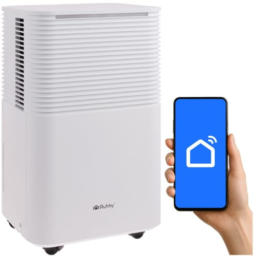 RUHHY DRYZIX Deumidificatore 12 L/24 h con Wi-Fi e igrostato, timer 0-24 h, 38 dB Silenzioso, serbatoio da 2 l e scarico continuo, defrost auto – Deumidificatore per casa, cantina, lavanderia, ca. 30
