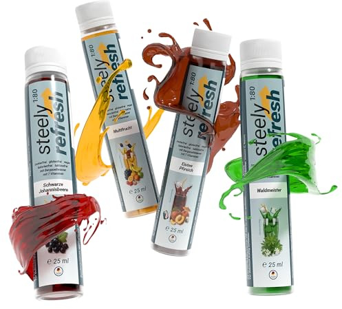 STEELY SPORTS SteelyRefresh Probier-Set Getränkesirup zuckerfrei mit Vitaminen, Sport Getränkekonzentrat 4×25 ml ergibt ca. 8 L, Mix (Johannisbeere, Waldmeister, Pfirsich, Multifrucht)