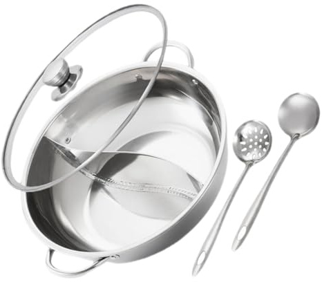 Hemobllo Pentola Divisoria per Hot Pot in Acciaio con Doppia Maniglia Coperchio in Vetro e Cucchiaio Compatibile con Cucine a Induzione e a Gas per Cene Conviviali con Gusti Separati