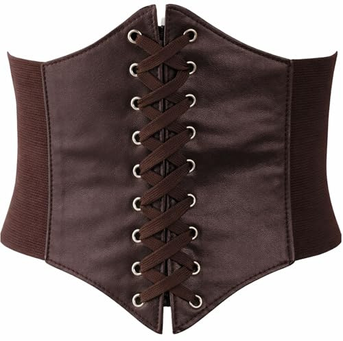 HONHHUO Korsett Gürtel Damen mit Schnürung – Elastischer Waspie Taillengürtel aus PU-Leder, flexibles Gummiband, ca. 68–78 cm dehnbar, Braun, für Kostüm, Cosplay & Alltag
