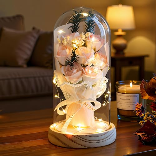 Artificial Roses in Glass Dome with LED Lights, Gift for Mum& Women | Handcrafted rose in a glass dome with warm LED light. An elegant birthday gift for Mum & women, perfect for home decor.