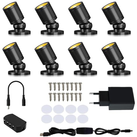 Gouzloyed Mini Led Spot,Dimmbares,360°Schwenkbar,Warmweiß 3000K,8 Stück | Mini LED Licht Aluminium Lampenkörper Mini Strahler Kleines 1W 5V Akzentlichter für Pflanzen Schaufenstern Galerien