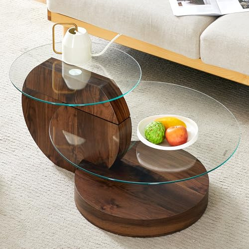 Bladez Mesa de Centro 2 Niveles de Vidrio de Seguridad, Mesa de salón con Vidrio de Seguridad y MDF con lámina Efecto mármol Color Nogal, Mesa Redonda para sofá, 90 x 70 x 44 cm