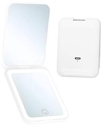 QUMOX Miroir de Maquillage Compact Rechargeable avec lumière, Miroir Double Face grossissant 1x et 2X, luminosité réglable, Miroir de courtoisie Pliable