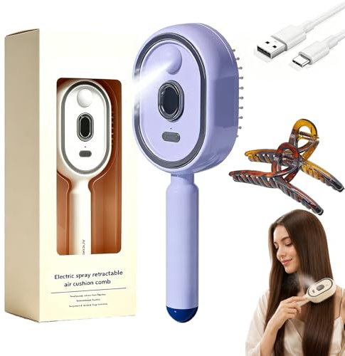 Pettine elettrico con nebulizzatore e massaggio ad aria, spazzola districante 2 in 1 con setole retrattili e getto d'acqua, antistatica per capelli bagnati e asciutti, ideale per una spa (Purple,1)