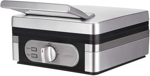 MPM MGO13 Gofría para 2 gofres belgas - Gofra gruesa - Doble gofrera cuadrada con revestimiento antiadherente y termostato - 1400W - Plateado