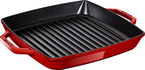 STAUB Gusseisen Grillpfanne mit zwei Griffen, Induktionsgeeignet, Quadratisch, 28 cm, Kirschrot