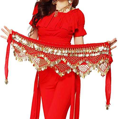 Wuchieal Women's Sweet Bellydance Hip Scarf with Gold Coins Skirts Wrap Noisy Red