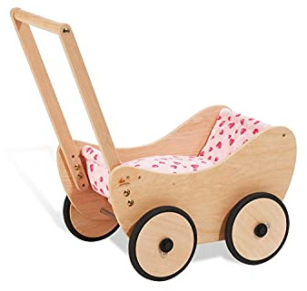Pinolino Puppenwagen Trixi, aus Holz, inkl. Bettzeug und Bremssystem, Lauflernhilfe mit gummierten Holzrädern, für Kinder von 1 – 6 Jahren, natur