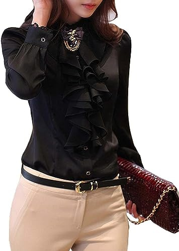 Femme Chemisier Chic Dentelle Blouse élégante Mode (Noir, EU M=Tag L(Épaule 37cm))