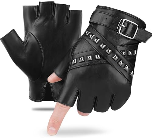 FIORETTO Men’s Fingerless Leather Gloves – Sheepskin Half Finger Driving Gloves for Motorcycle, Punk Style, Unlined & Breathable, Black X-Large