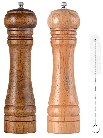 Salière et poivrière réglables SHiZAK en bois - Lot de 2 moulins à sel et poivre avec broyeur à épices en céramique - Avec brosse de nettoyage