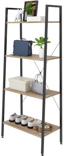 eSituro Bücherregal Leiterregal mit 4 Ablagen 60x35x148CM | Standregal Aufbewahrung Küchenregal Badregal 60x35x148CM Schwarz+Hell Eiche