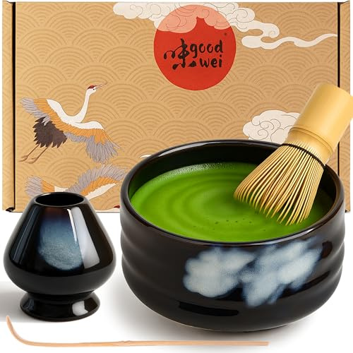 Goodwei Matcha Set komplett mit Matchabesen, Matcha Löffel und Matcha Schale aus Keramik mit Besenhalter im passenden Design | Kunstvoll gefertigte Zeremonieschale Chawan (Burashi, 120)