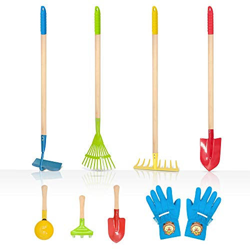 Hortem 8PCS Kids Garden Long Tools Set Include 4PCS Long Rake, Shovel, Hoe, Leaf Rake and 3PCS Small Gardening Tools,a Pair Kids Garden Glove, Gardening Gifts for Children (Multicolor)