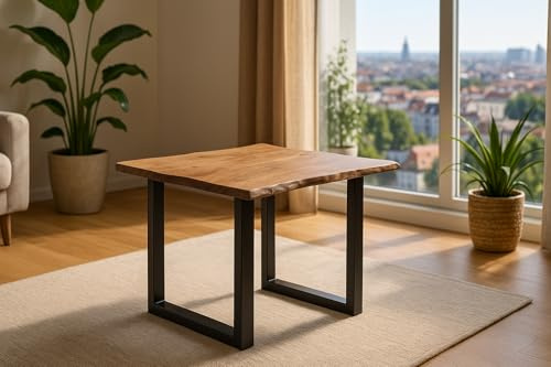 SAM Esstisch Laurina 80x80 cm Akazie Stone Baumkante U-Gestell schwarz | Baumkantentisch massiv, Akazienholz stonefarben, Metallgestell, Esszimmertisch