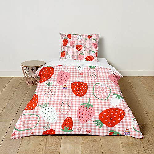 Morbuy Kinderbettwäsche Set mit Erdbeere Muster - Kinderbettwäsche-Set Babybettwäsche für Mädchen Junge - Mikrofaser Bettbezüge Kissenbezug 2 teilig (135x200cm+50x75cm,Rosa Plaid)