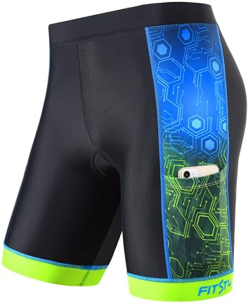 FitsT4 Sports Kids Cycling Bike Shorts Boys Girls Printed Biking Shorts Padded Youth Triathlon Shorts with Pockets Blue Size M