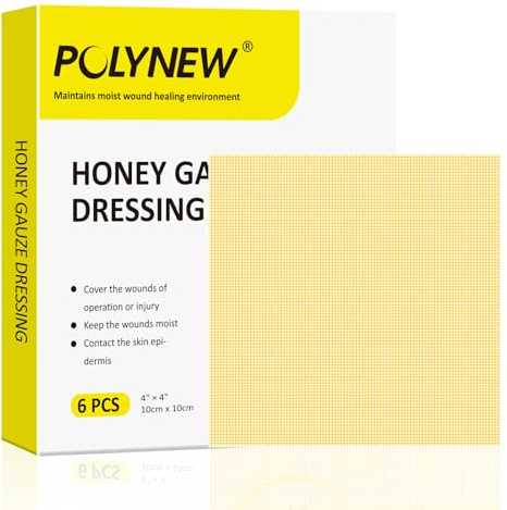 POLYNEW Manuka Honey Gauze Dressing, 6 Individual Packs, 4 x 4 Manuka Honey, Wound Care, Gauze for Cuts, Scalds and Burns for Wound Healing