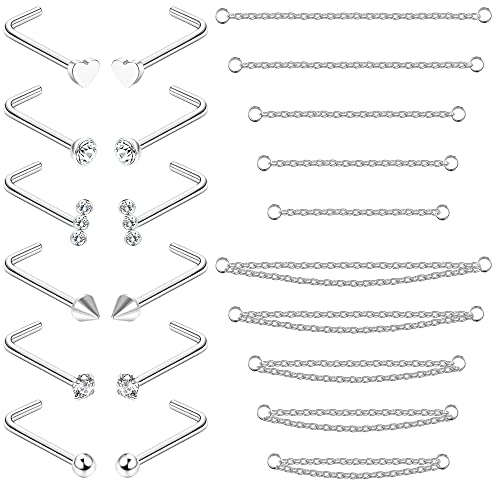 Adramata 12 Stück Nasenstecker 10 Stück Nasenkette Piercing Chirurgenstahl Nasenring mit Nasenkette für Doppel Nasenpiercing 20G Nasenstecker Silber Nasenpiercings für Damen Herren