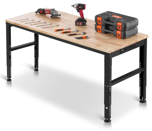 VEVOR Adjustable Workbench, 2000 lbs Capacity, 61 x 20-inch Heavy Duty Work Bench with 27.1-36 Inches Height Adjustment, Garage Workbench with Power Outlets, Suitable for Office, Garage, Workshop