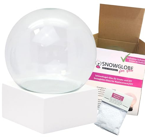 Bastelset DIY Schneekugel | Do it Yourself mit Glaskugel und Polyresinsockel weiß eckig mit 1 x Schnee | 120mm Durchmesser - individuell Schüttelkugel | Glitzerkugel selbermachen | 40099