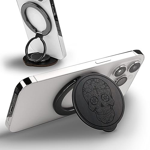 Carveit Solid Wood Design Adjustable Magnetic Phone Kickstand for MagSafe Accessories Ring Holder Stand Metal Grip Hook Compatible With iPhone 14/13/12/15 Pro Max (Sugar Skull - BlackWood)