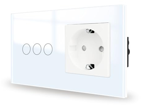 JIMEIDA Touch Lichtschalter mit Steckdose weiß Unterputz 3 Fach 1 Weg,Glas Panel und Status-LED Wandschalter,Kein Neutralleiter Erforderlich,157 * 86mm