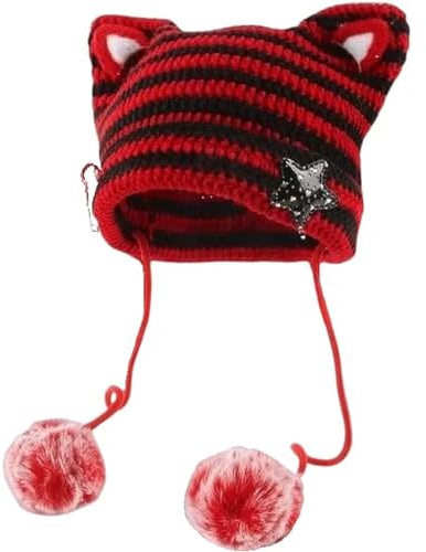 Y2k Beanie mit Katzenohren, Gyaru, Acubi-Teufel, Häkelmütze, niedlicher Kawaii-Stern, Grunge, ästhetische Pompons, Cutecore Y2k Harajuku Kleidung