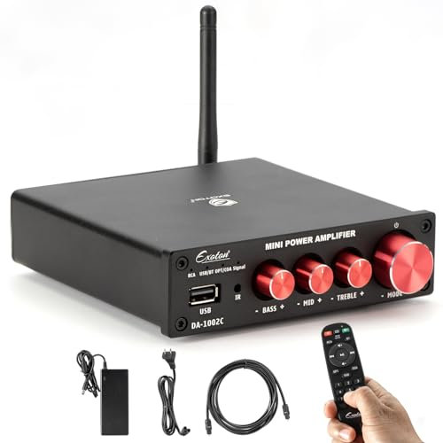 EXOTON Amplificatore di potenza Bluetooth 5.0 stereo audio a 2 canali, mini Hi-Fi classe D amplificatore integrato 2.0 CH per altoparlanti passivi, 100 W x 2 con controllo bassi e alti (DA1002C)