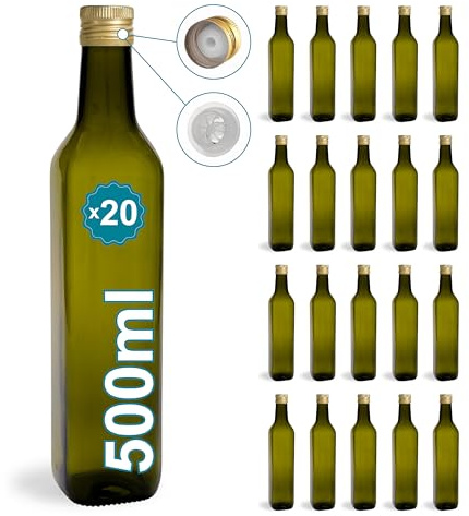 Espirito Rebelde 20 Botellas de Cristal Oscuro 500ml con Tapón de Rosca Dorado con Boquilla Vertedora - Aceite de oliva, Vinagre, Alcohol, Salsas - Aceitera de Cristal