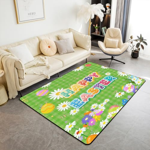 Homemissing Frohe Ostern Teppich 100x150cm für Frohe Ostern Eier Wetterfest Modern Teppich Dekor Bunny Kaninchen Wohnzimmerteppich für Wohnzimmer Küche Balkon Floral Botanische Outdoor Teppich