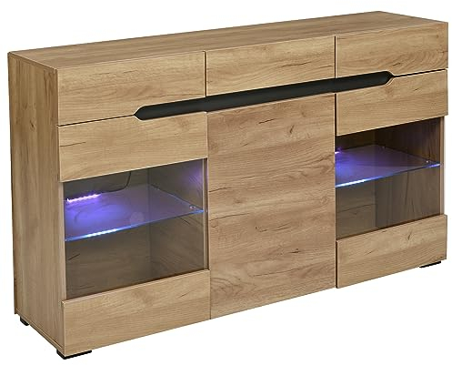 Azkoeesy Credenza con LED/Ante in vetro / 3 cassetti - 140 x 35 x 80 cm in venature del legno naturale - Comò moderno, buffet, vetrina, mobile TV, per soggiorno e sala da pranzo