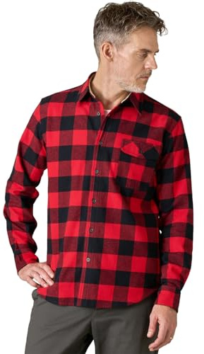 LAPASA Camicia da Uomo a Maniche Lunghe in Flanella a Quadri, 100% Cotone Regular Fit, Morbida e Calda M138 (Nero & Rosso,S)
