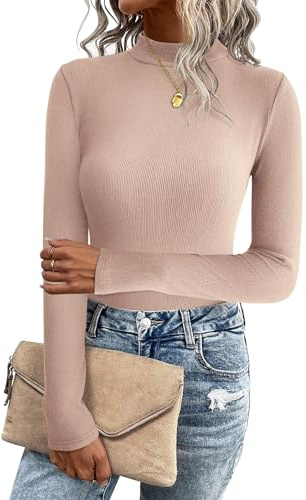 Zeagoo Jersey De Punto para Mujer Jersey Informal con Cuello Alto Monocolor Camiseta Slim Fit Tops Camisas De Punto Básicas Ligeras Tops De Manga Larga Tops Beige S