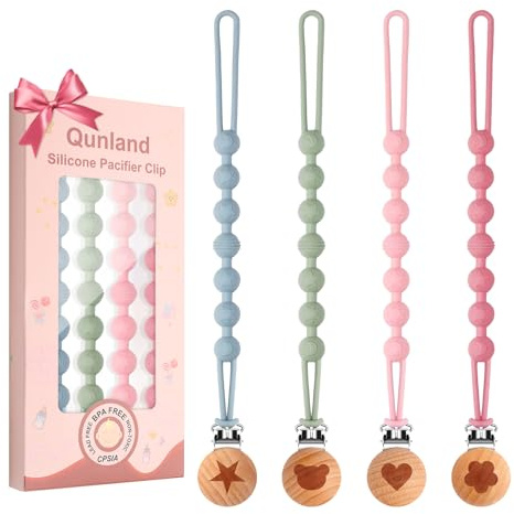 Silicone Pacifier Clip Holder for Baby Girls Boys, Christmas Baby Gifts 4-Pack One-Piece Soft Flexible Binky Clips Holder with Cute Texture, Anti-Loss Paci Clips for Birthday Baby Shower Essentials