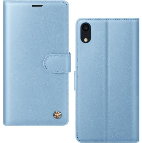 AIMOYU for iPhone XR Case, Flip Wallet Leather Phone Case with [4 Card Slots] [Kickstand] [RFID Blocking] Magnetic Protective Shockproof Cover for iPhone XR Phone Case - Sky Blue