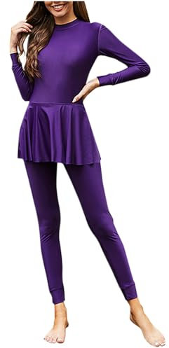 Badeanzug Damen Set Push Up, Bademode Sexy Modische, Einfarbiger Langärmliger Einteiliger Badeanzug + Lange Badehose, All Inclusive, Konservatives Badeanzug Set, Swimming Suits Bauchweg Schwimmanzug