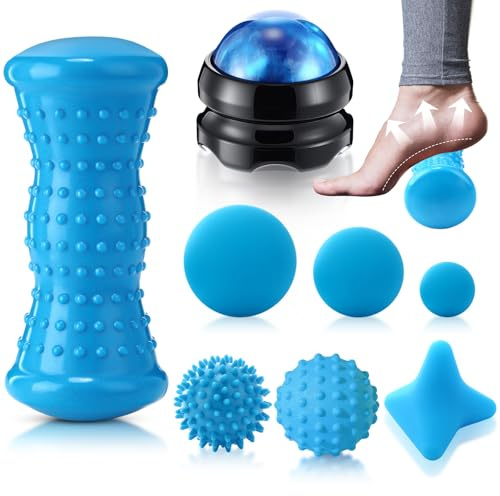 Burbell 8 Pack Blue Massage Ball Set for Myofascial Point Release & Deep Tissue Massage Includes 3 Sizes Lacrosse, 2 Spiky Balls, Hand Exercise Ball, Foot Roller, Mountable Self Ball