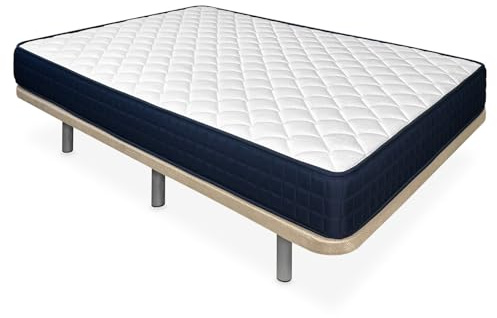 amuéblate Online - Cama Completa con Colchón Naran Reversible + Base Tapizada Extra Reforzada con 6 Patas Cilíndricas Metálicas Roscadas, 105 x 190, Beige