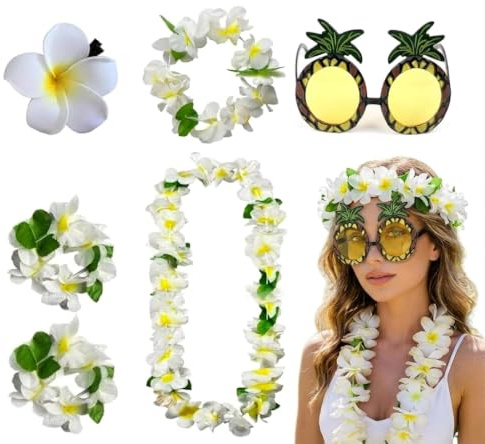 5-Teiliges Set Hawaii Outfit Damen mit Blumenkranz, Blumenhaarband, Blumenarmbandes, Blütenkopfes & Ananas-Sonnenbrille – Perfekt für Strandpartys, Sommerfeste & Karneval (Weiß)