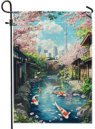 Bandera de jardín de estanque de carpas de cerezo, pancarta decorativa de primavera de melocotón, bandera de paisaje natural de doble cara para decoración del hogar al aire libre, decoración floral