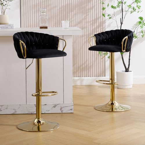 KHISCHMO Moderne Samt Barhocker 2er Set höhenverstellbar Barstühle 360°drehbar Thekenhocker Küchenhocker mit geflochtener Rückenlehne Goldene Fußstütze für Küche, Schwarz