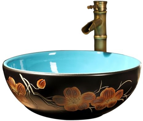 asdchZen Vasque De Salle De Bain, Lavabo À Fleurs De Magnolia Émaillé Bleu, Vasque À Poser Art Vintage, Style Magnolia Émaillé Bleu