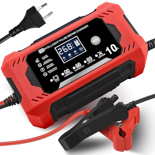 Batterieladegerät 12V, 10A Batterie Ladegerät Auto, KFZ Ladegerät, Ladegerät Motorradbatterie, LCD-Bildschirm, Vollautomatisch Intelligent Geeignet für Auto Motorrad LKW Rasenmäher