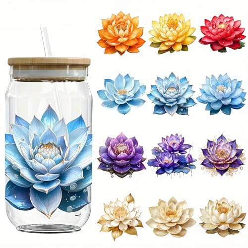 12pcs Christmas Lotus Floral Flower Leaf UV DTF Cup Wraps Transfer Waterproof Sticker for Glass Cups Craft DIY Crafts，Rub on Transfer Stickers for DIY Water Bottle Laptop Decal Car