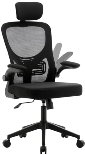 RYDR Ergonomic Mesh Office Chair with Flip-Up Armrests & Adjustable Headrest – Swivel Desk Chair with Lumbar Support, Padded Seat, Silent Castors, 150kg Load, Breathable Backrest – Black