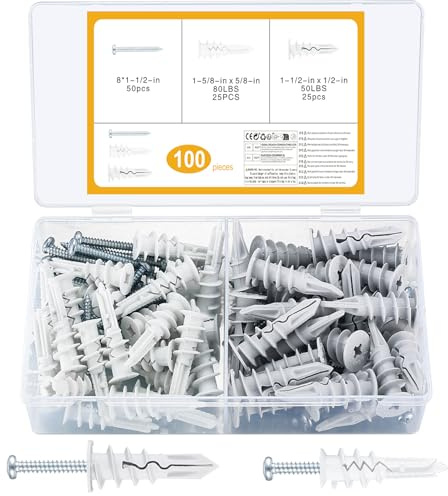 Hohlraumdübel mit Schrauben, Dämmstoffdübel, 100 Stk Gipskartondübel Hartschaumdübel Kunststoff mit Linsenkopfschraube für Befestigung Gipskartonplatten, Gipsfaserplatten, ohne Vorbohren
