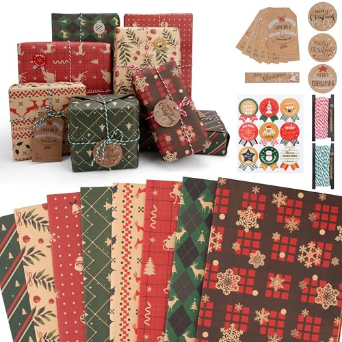 Papel Kraft para Envolver Regalos Navideños 8 Hojas Papel de Regalo Navideño Reciclable Papel Regalo Navidad con Etiqueta Engomada y Cuerda para Navidad Año Nuevo Fiesta 70x50cm