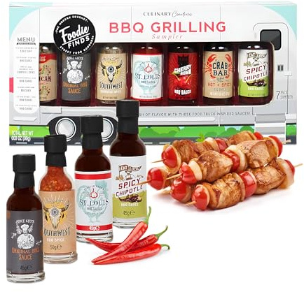 Hot Sauce Gift Set for Mens Gifts - Bold, Tasty Airstream BBQ Grilling Chilli Sauce 7pk Samplers for BBQ Party Food Hot Dogs. Great Gifts for Men, Stocking Fillers also Birthday